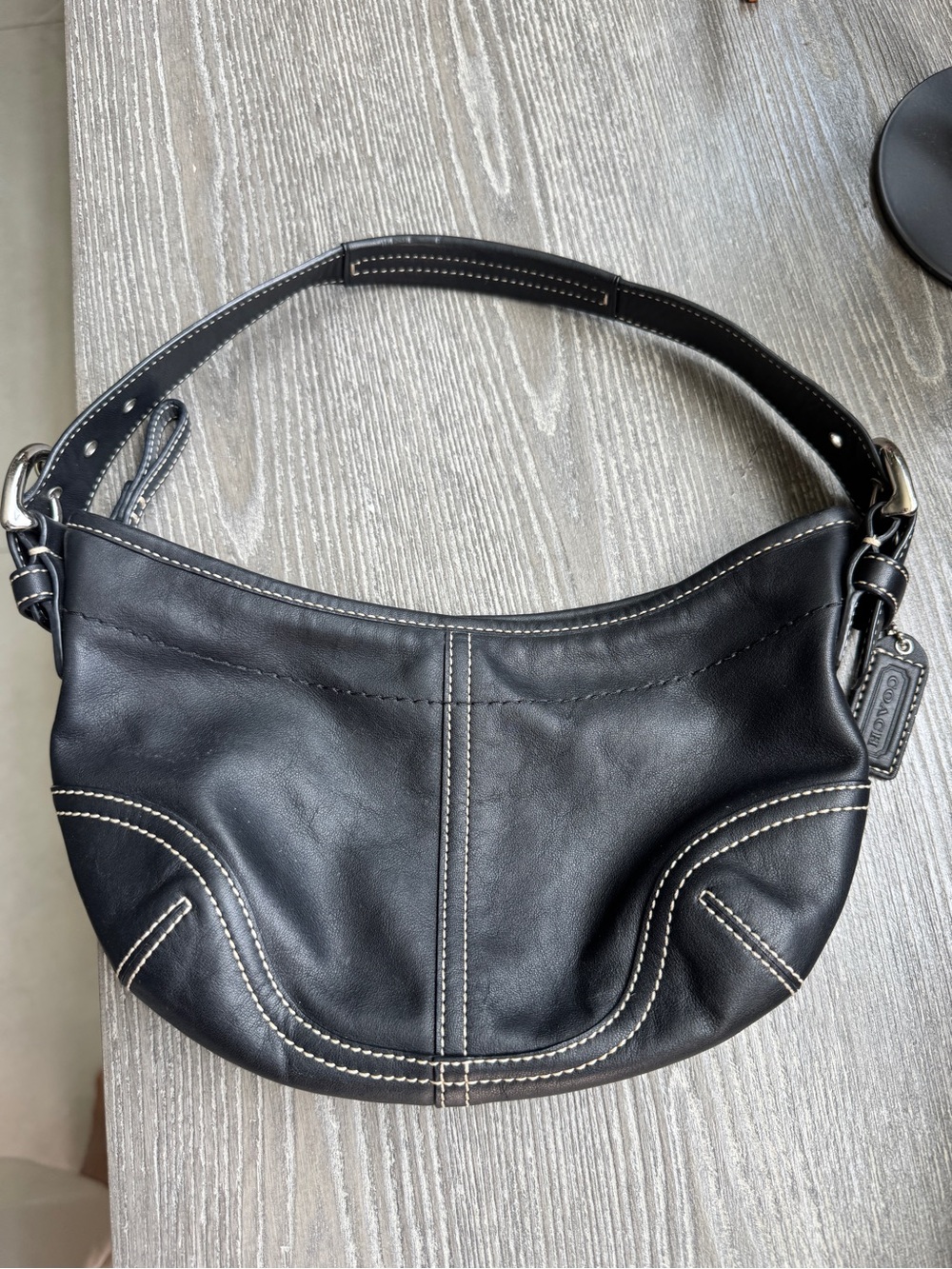 Coach Black Leather Shoulder Hobo with White Contrast Stitching
